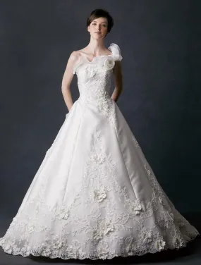 ---Original and extravagant one-shoulder wedding dress made in satin embellished with lace embroidery, sequins, rhinestones and 