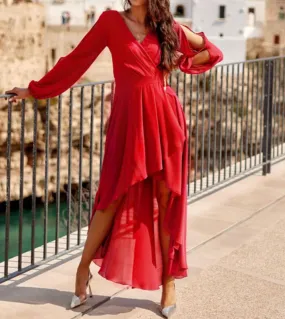 Abito irregolare a maniche lunghe con scollatura alla moda Donna Elegante abito lungo con scollo a V profondo Abito lungo in chi