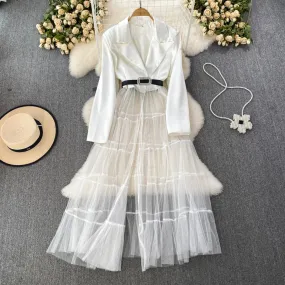 Abito lungo autunnale in tulle da donna Elegante cucitura a rete a strati Midi Fairycore con intaglio a maniche lunghe Stile Chi
