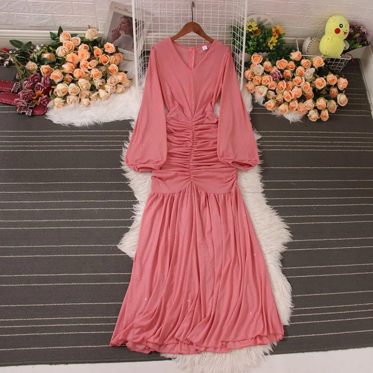 Abito lungo boho estivo per donna Maxi abiti da vacanza femminili patchwork a maniche lunghe pieghettati Chiffon sottile chic ed