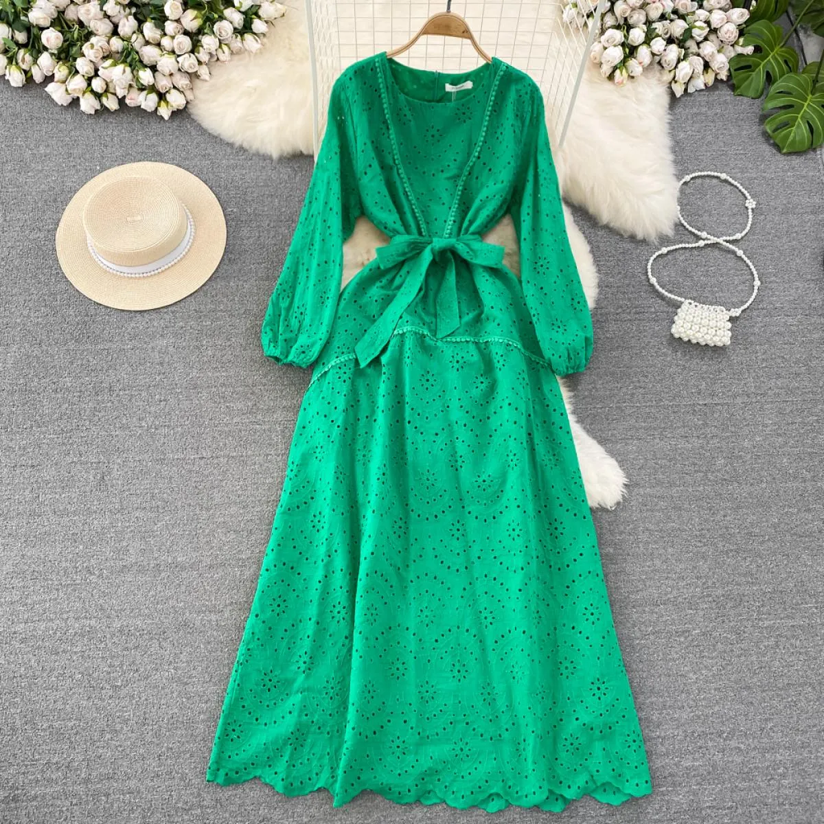 Abito lungo bohémien estivo da donna scollato a maniche lunghe con volant increspato maxi abiti femminili da vacanza al mare con