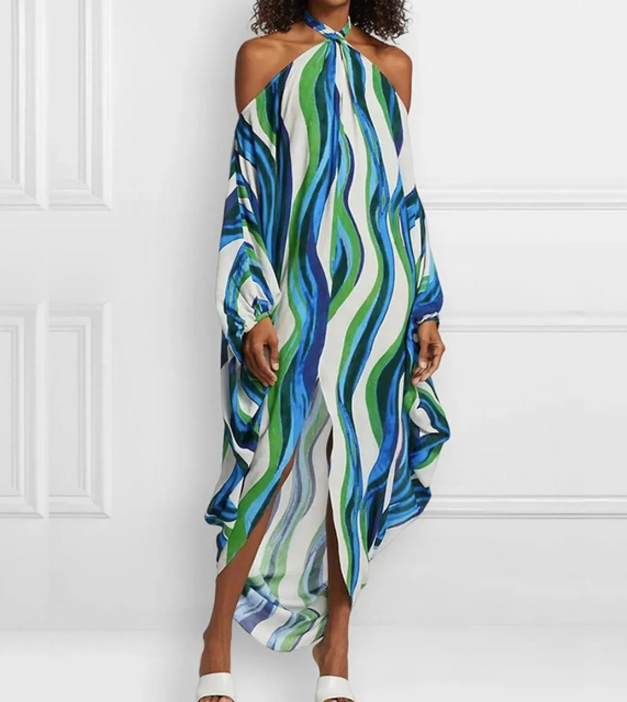 Abito lungo irregolare a righe alla moda con spalle scoperte Abito da sera a maniche lunghe da donna Elegante collo appeso allac