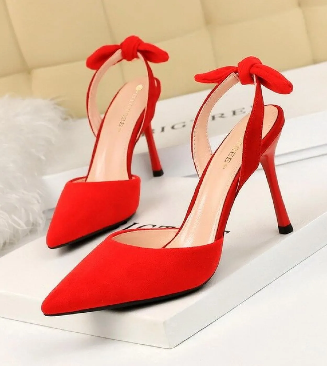 Boussac Elegant Bowtie Slingback Tacco alto Donna Décolleté Punta a punta Tacchi alti Scarpe da donna Pelle scamosciata Tacco so