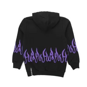 Felpa Hoodie Nera Con Fiamme Viola