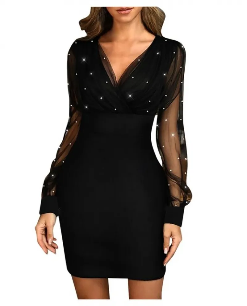 Mini abito a rete con paillettes con scollo a V profondo Abito da sera a maniche lunghe moda autunno donna Abito retrò casual el