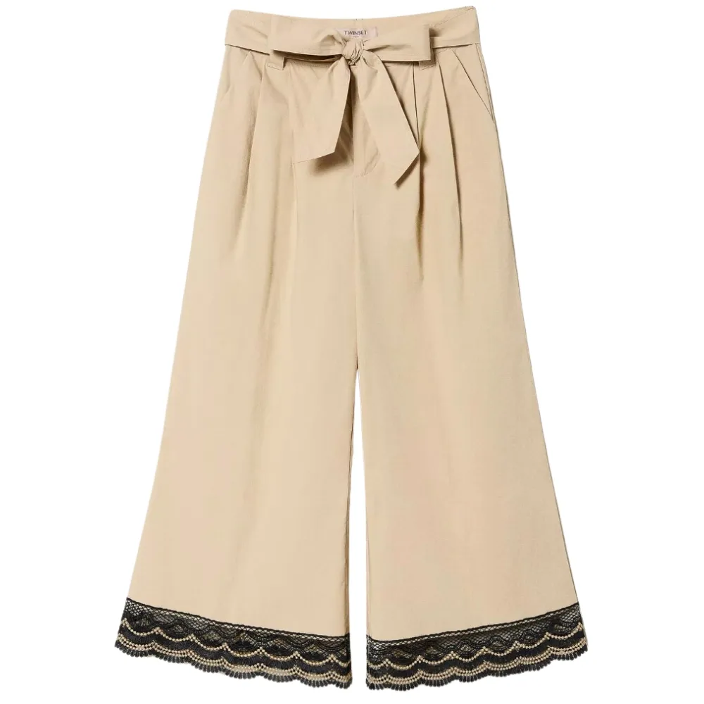 Pantaloni Twinset cropped in popeline con pizzo bicolore