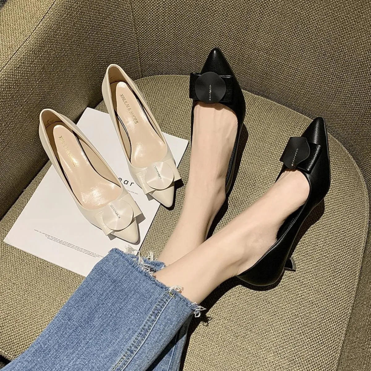 Scarpe con tacco basso da donna Morbida pelle PU Punta bassa Comfort Décolleté per madre Tacchi spessi Donna Lavoro Piccola pell