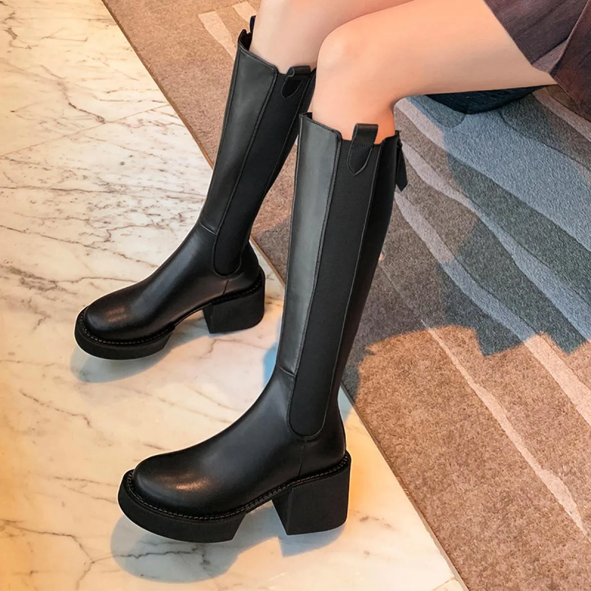 Stivali classici da donna di marca stivali alti al ginocchio in vera pelle tacchi spessi piattaforme scarpe donna 2023 autunno i